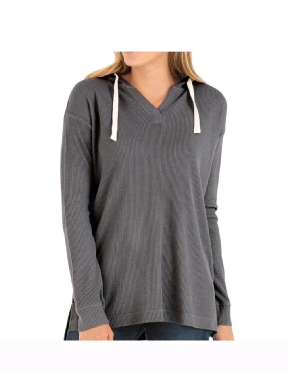 Free Fly Bamboo Waffle Hoodie Womens Size Medium V-Neck Gray Lightweight EUC